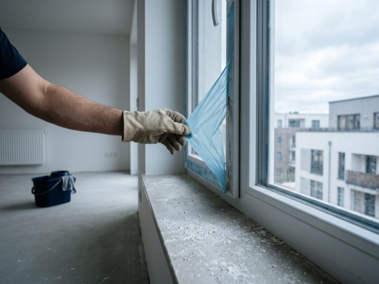 Schutzfolie wird nach der Bauendreinigung vom Fensterrahmen abgezogen, auf der Fensterbank liegt noch Feinstaub