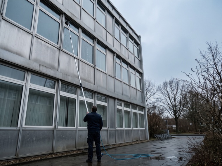 Fassadenreinigung mit Teleskopstange an einem dreigeschossigen Gewerbegebäude