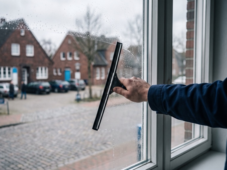 Fensterreinigung mit dem Abzieher, im Hintergrund Klinkerhäuser