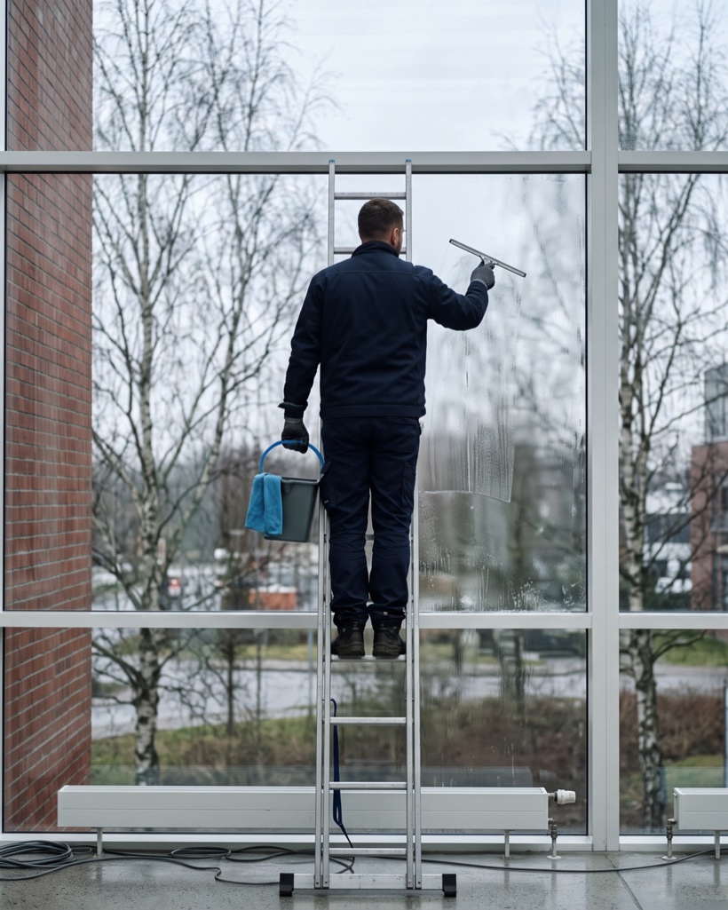 Glasreiniger auf einer Leiter reinigt die Innenseite einer Glasfassade in einem Bürogebäude