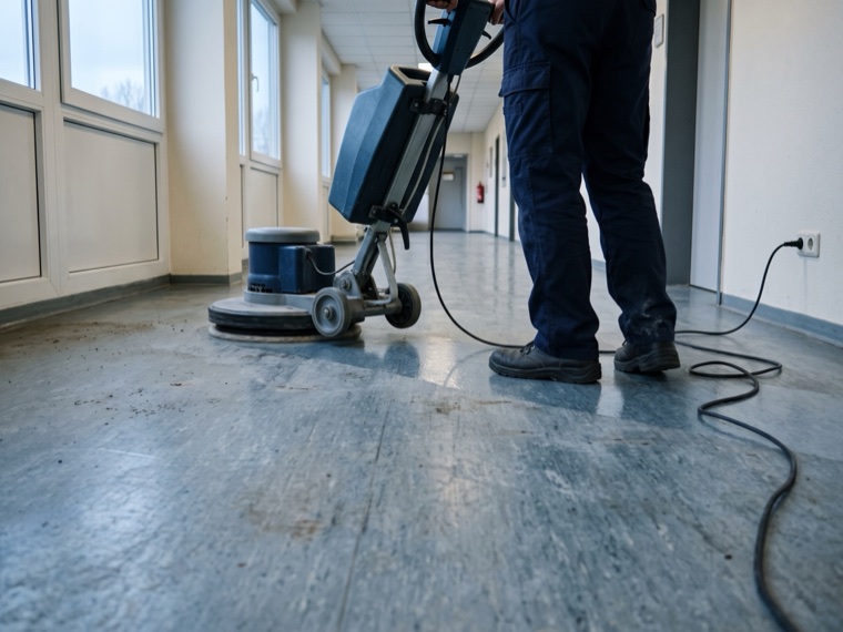 Einscheibenmaschine bei der Grundreinigung, der bereits bearbeitete Streifen ist deutlich heller