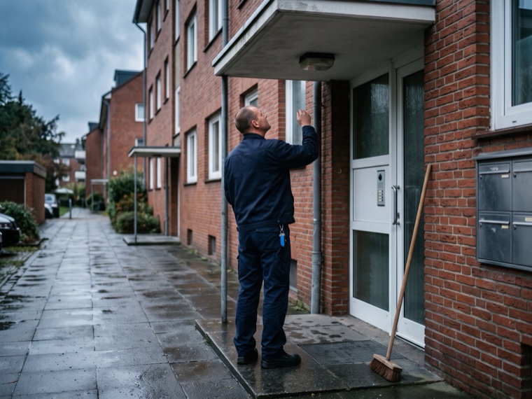 Hausmeister kontrolliert die Beleuchtung im Eingangsbereich eines Wohngebäudes