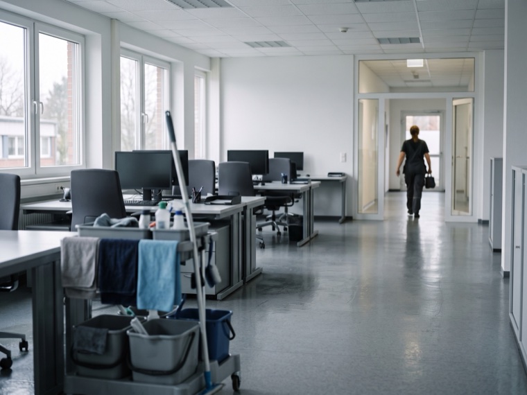 Reinigungswagen in einem leeren Büro nach der morgendlichen Unterhaltsreinigung