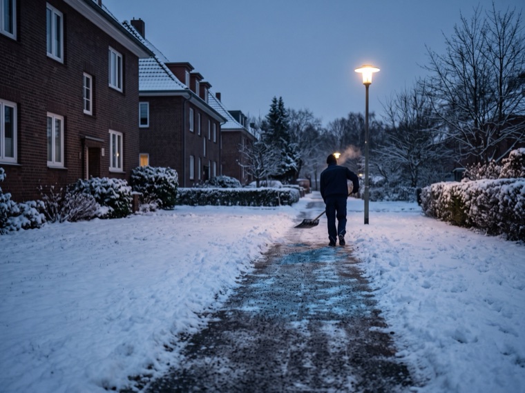 Geräumter und gestreuter Gehweg im Winter bei Dämmerung